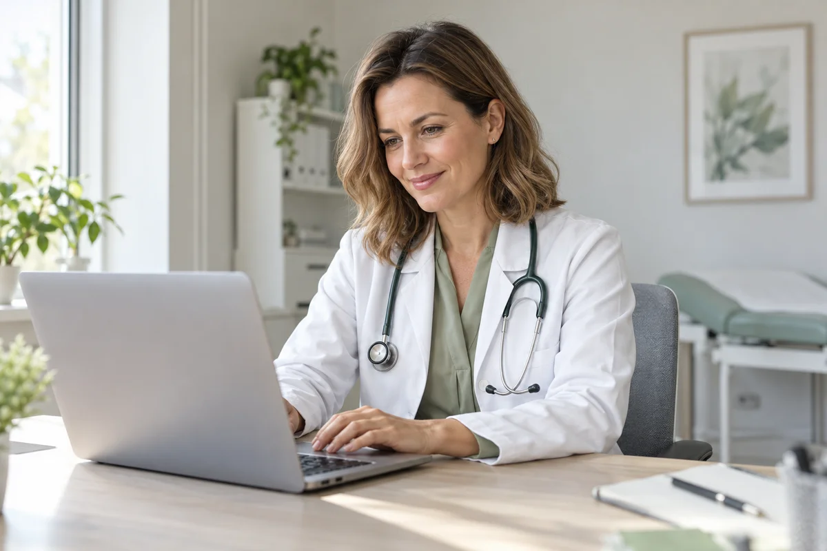 Lekarka przy laptopie w jasnym gabinecie. Zdjęcie ilustracyjne, nie przedstawia zespołu Medicomed.
